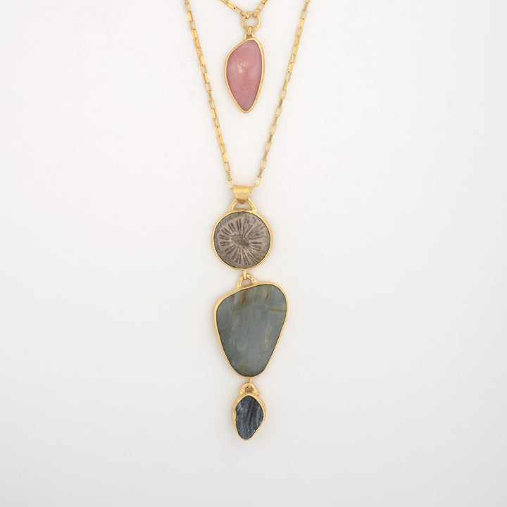 Fossilized Coral, Tigers Eye & Druzy Necklace