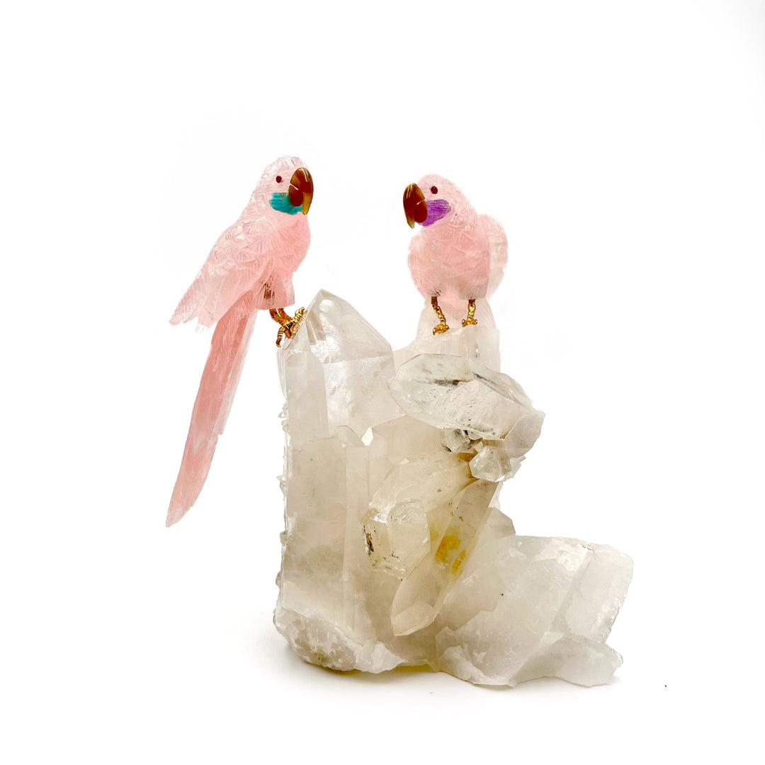 Rose Quartz Parrot Couple Carving on Quartz