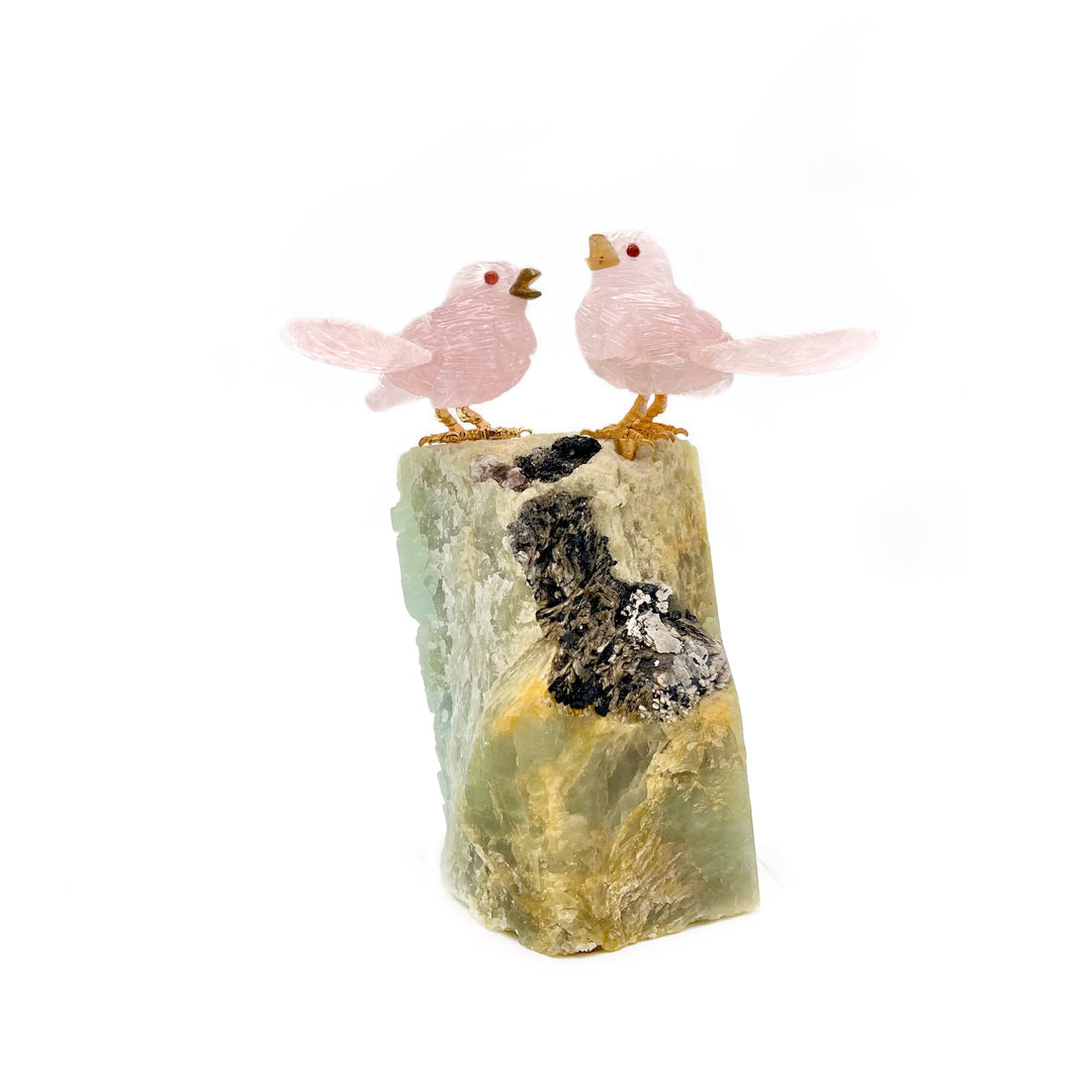 Rose Quartz Sparrow Couple Carving on Aquamarine