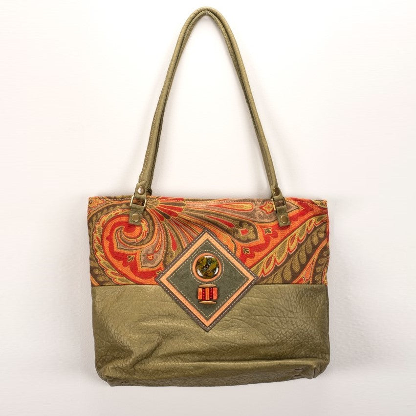 Green Leather & Red Fabric Shoulder Bag