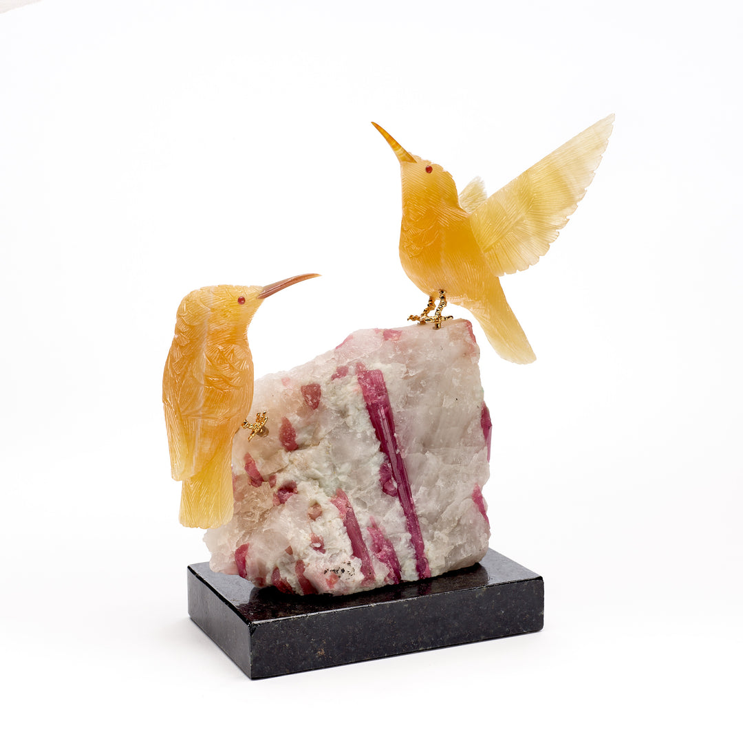 Hummingbird Pair on Tourmaline Gemstone Carving