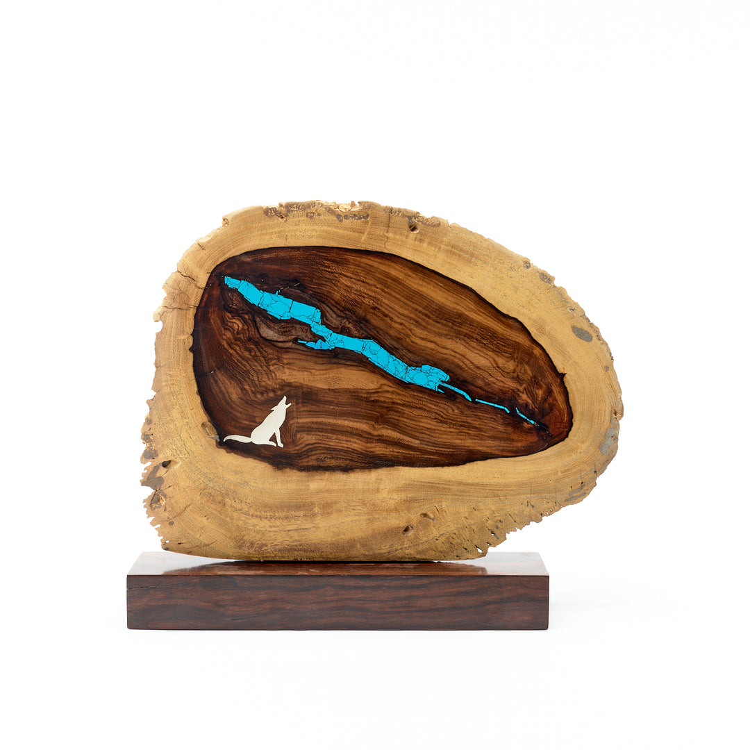 Ironwood Plaque & Stand with Silver Coyote and Turquoise Accents