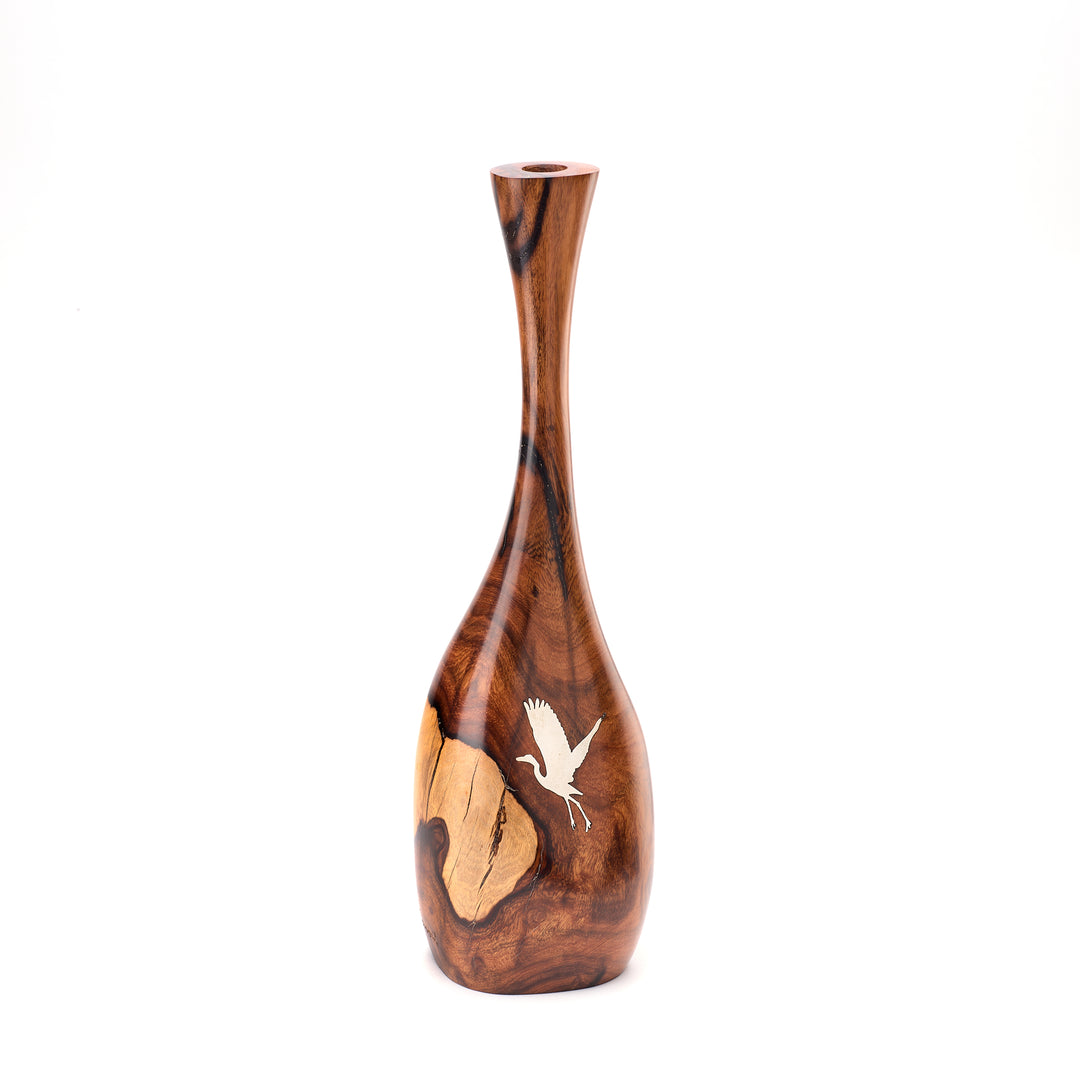 Ironwood Vase with Silver Egret Taking Flight