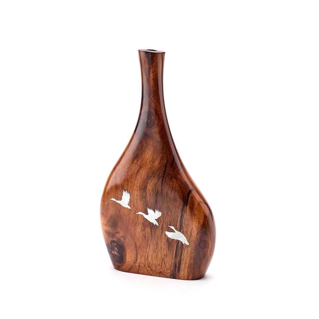 Ironwood Vase with 3 Silver Geese in Flight