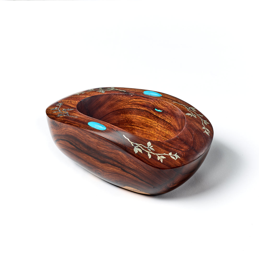 Ironwood Bowl with Turquoise Cabochon and Silver Vines