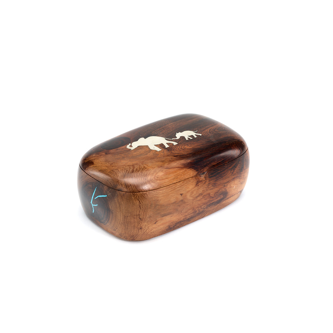 Oval Ironwood Box with Silver Elephants and Turquoise Accents