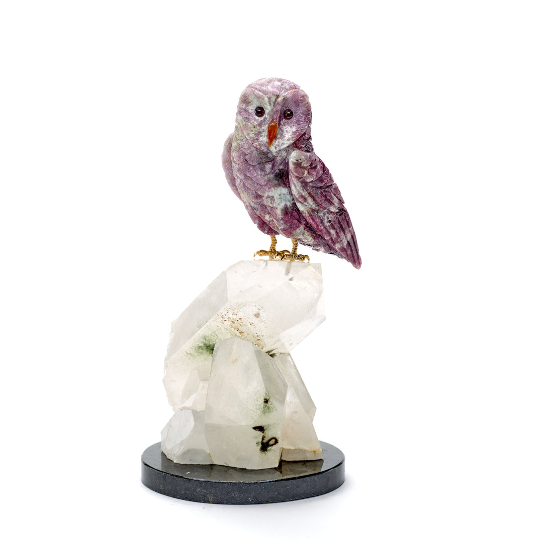 Tourmaline Owl on Quartz Carving