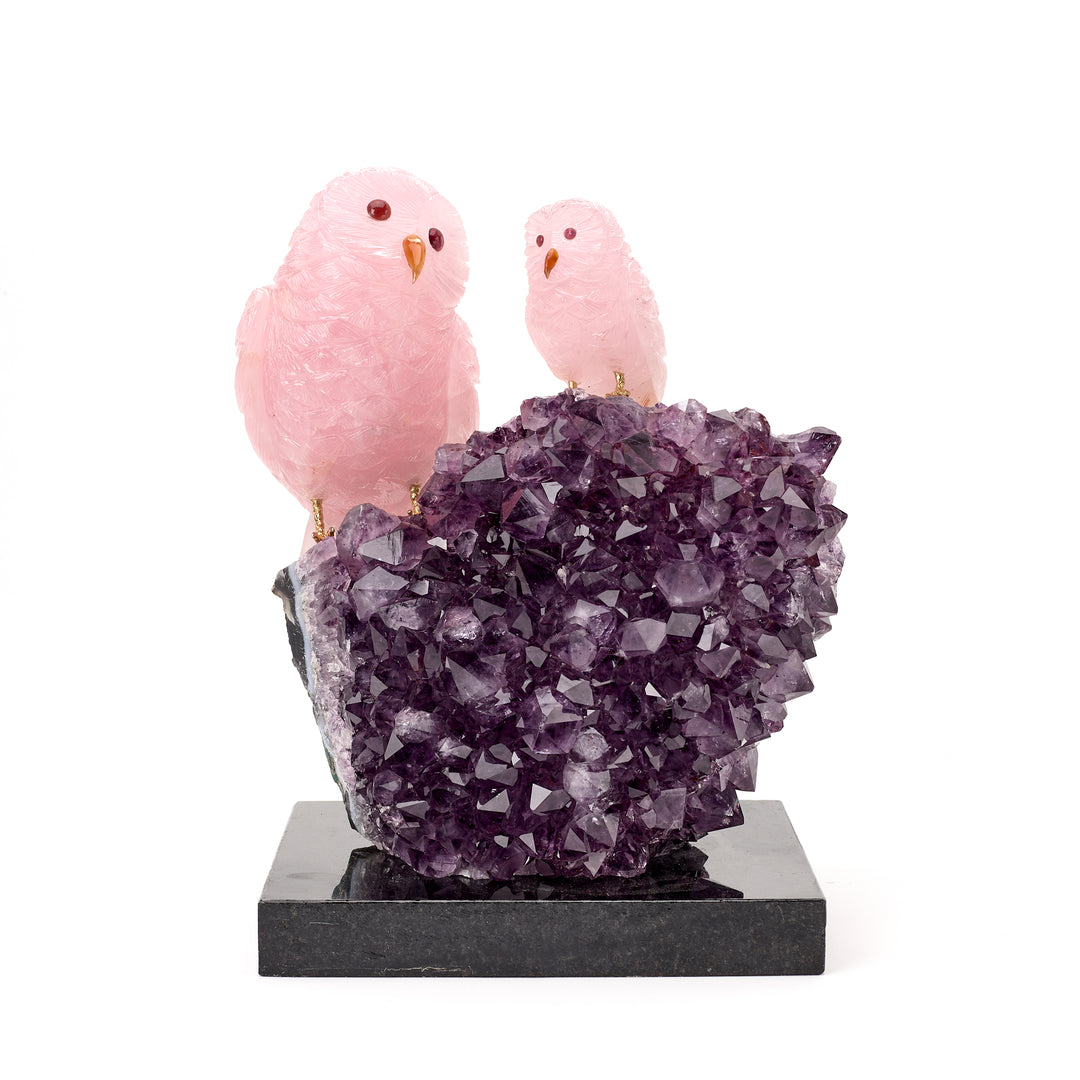 Rose Quartz Owl Pair on Amethyst Carving