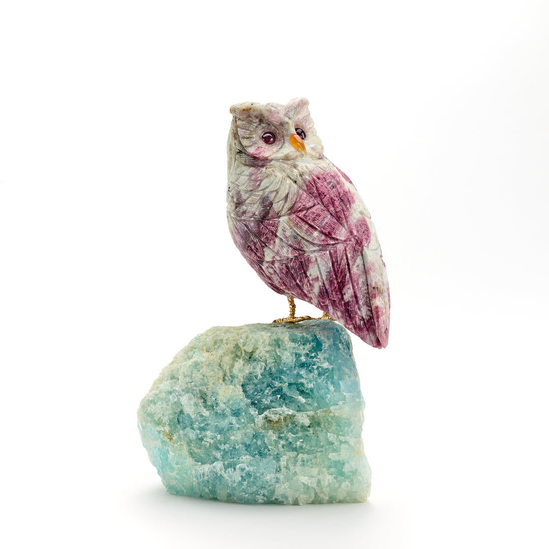 Pink Tourmaline Owl Carving on Aquamarine