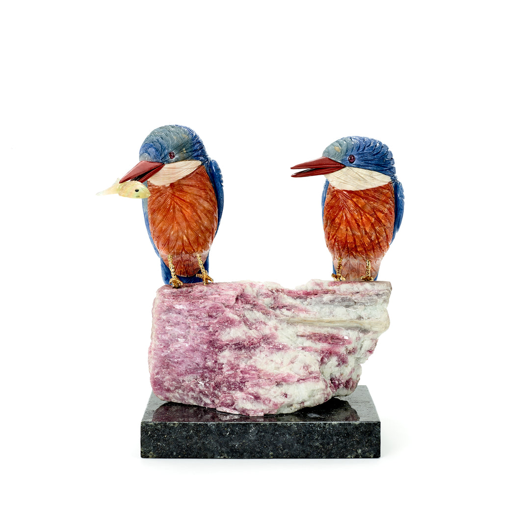 Kingfisher Pair with Fluorite Fish on Pink Tourmaline
