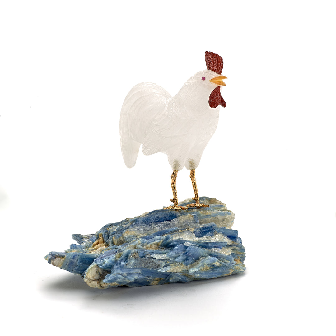 Quartz Rooster Carving on Kyanite