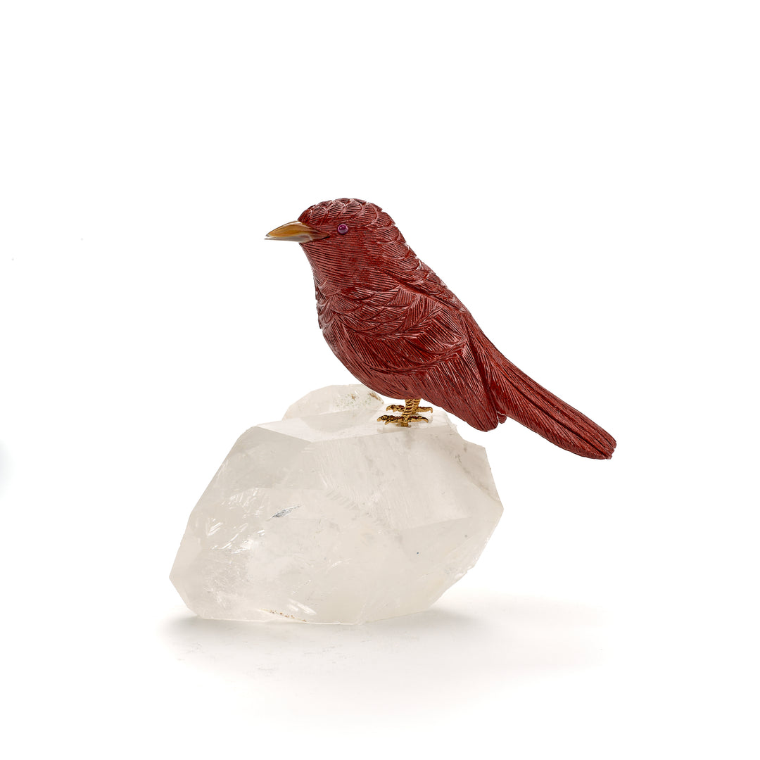 Red Jasper Robin Carving on Quartz Base