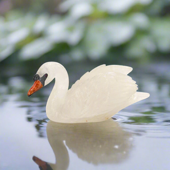 Swan Carving with Quartz and Rose Quartz Base