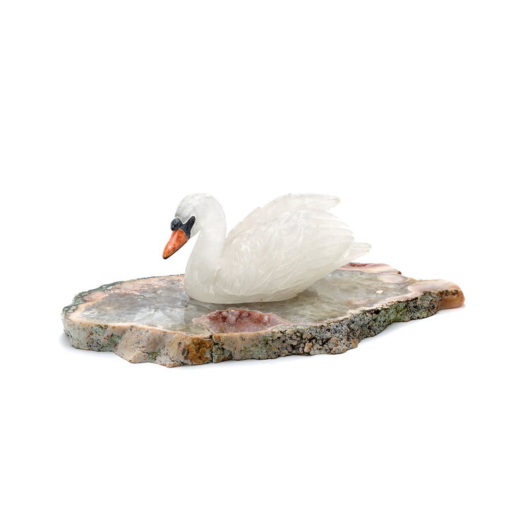 Swan Carving with Quartz and Rose Quartz Base