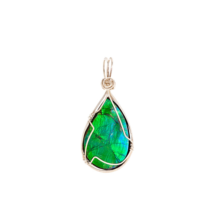 Rare Green Ammolite Sterling Silver Wire Handmade Pendant