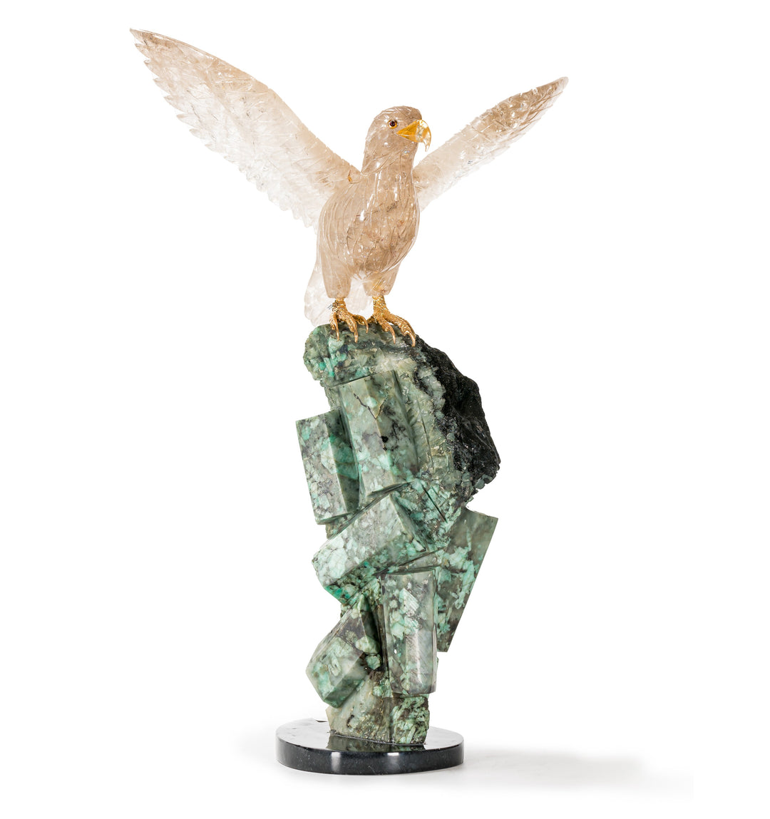 Smokey Quartz Falcon Carving on Emerald