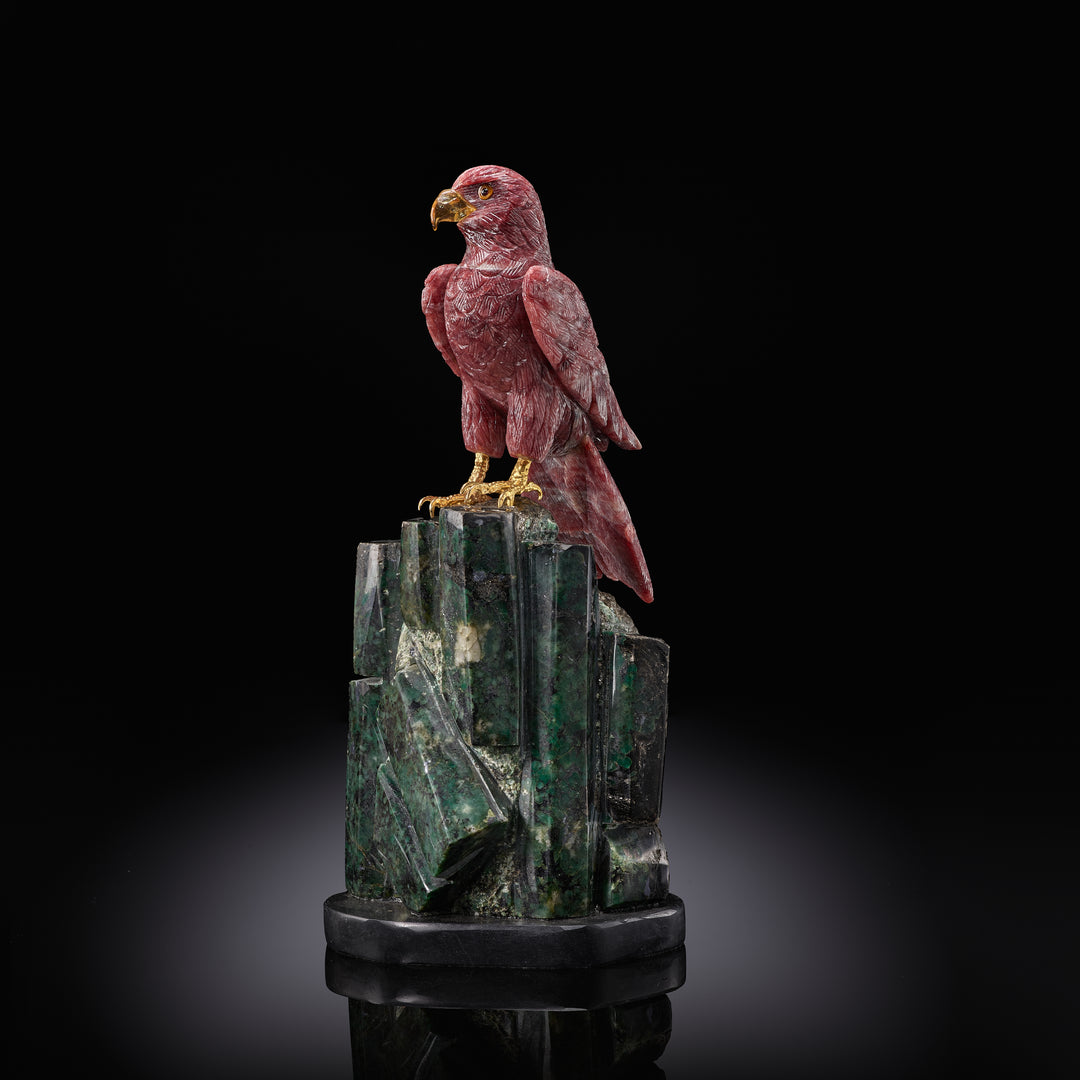 Rhodolite Hawk Carving on Emerald Base
