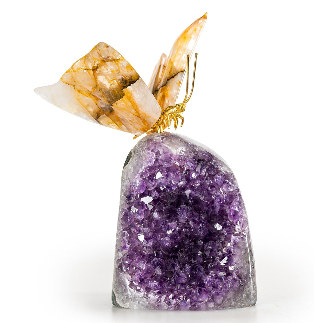 Quartz Crystal Butterfly Carving on Amethyst Geode