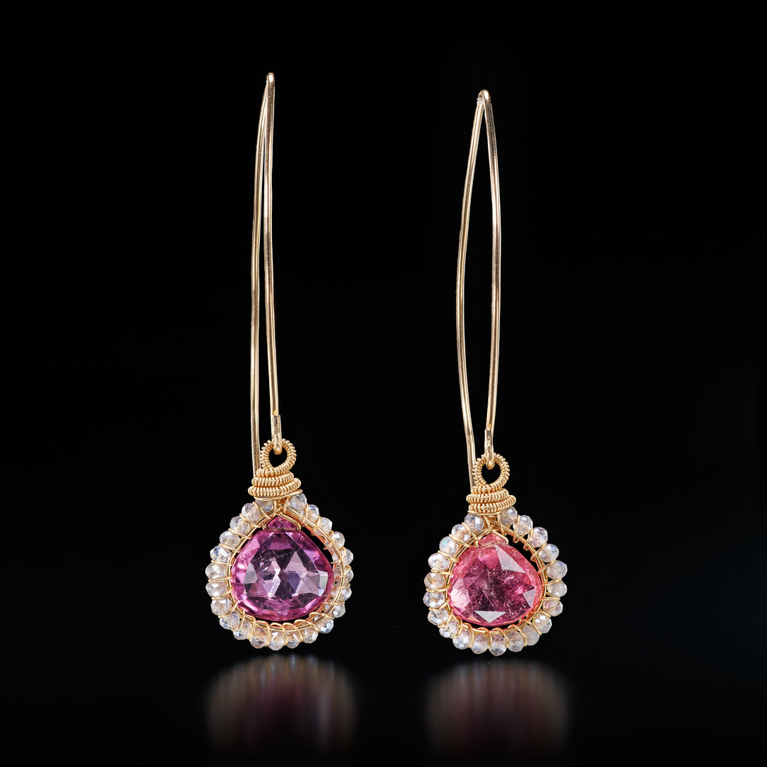 Pink Tourmaline Signature Drop Lotus Wire Earrings