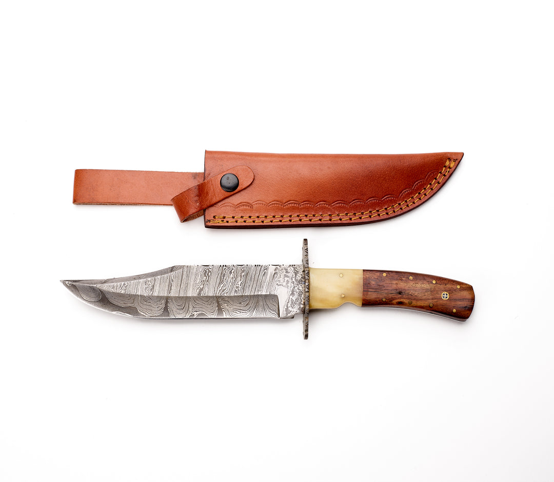 Wooden Handle Damascus Bowie Knife with Hand-Stamped Leather Sheath