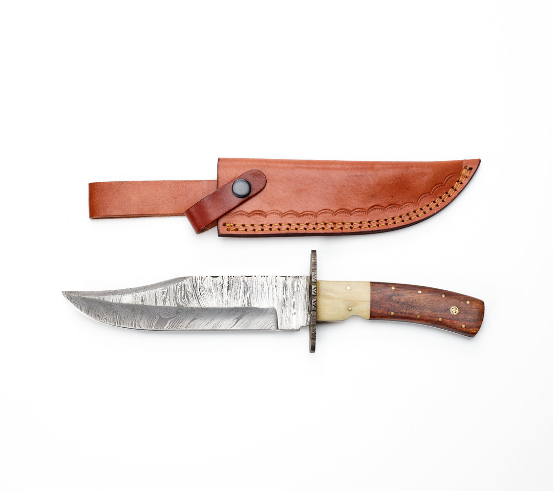 Wooden Handle Damascus Bowie Knife with Hand-Stamped Leather Sheath