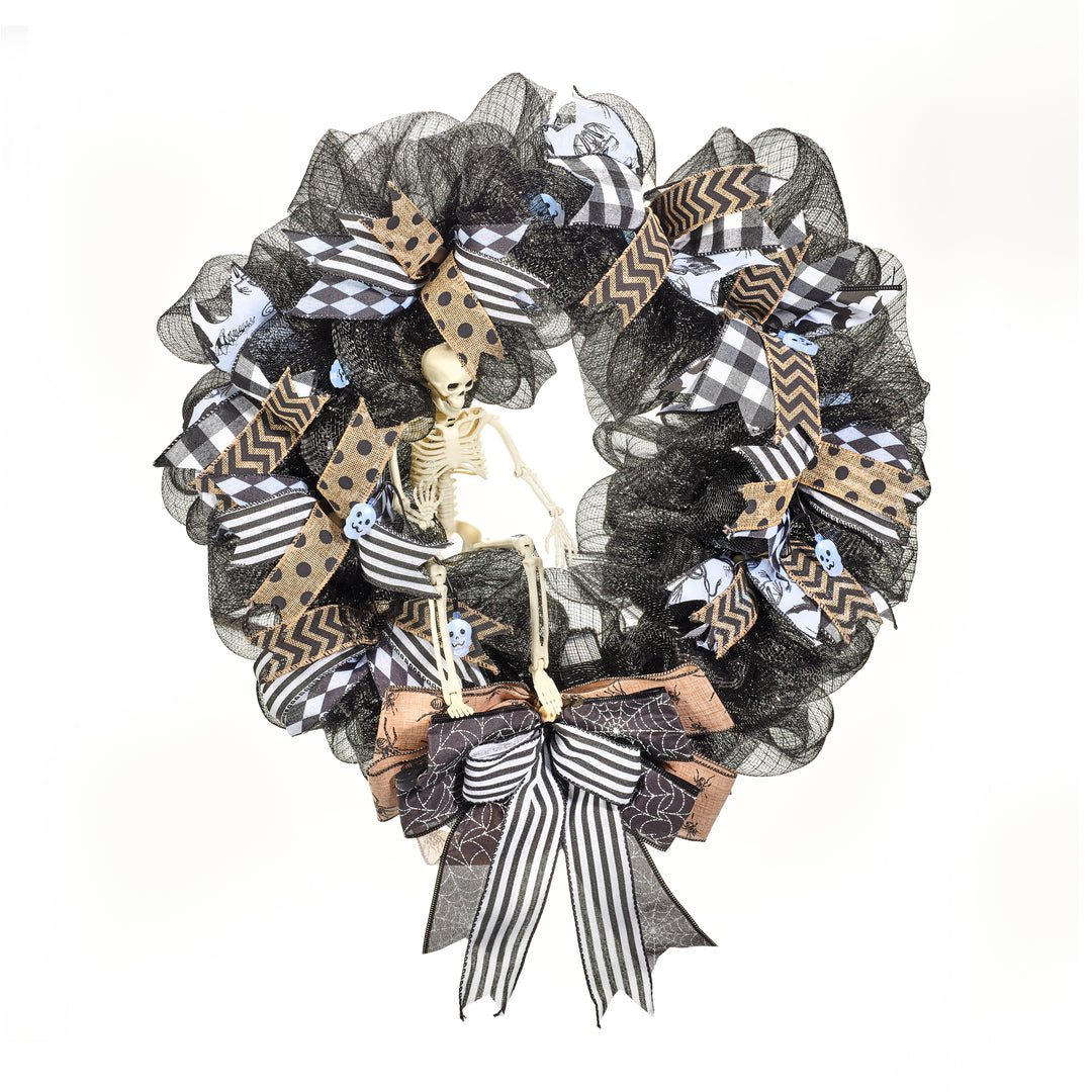 Skeleton Burlap/ Black Ribbon Light-up Wreath 24"