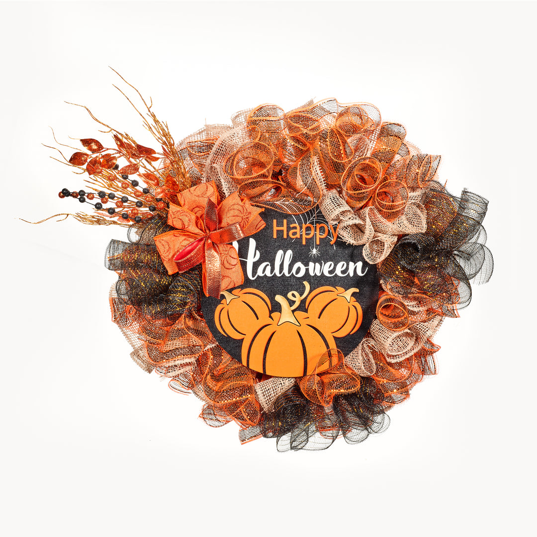 Happy Halloween Black/Burlap/ Orange Pumpkin Weath 24"