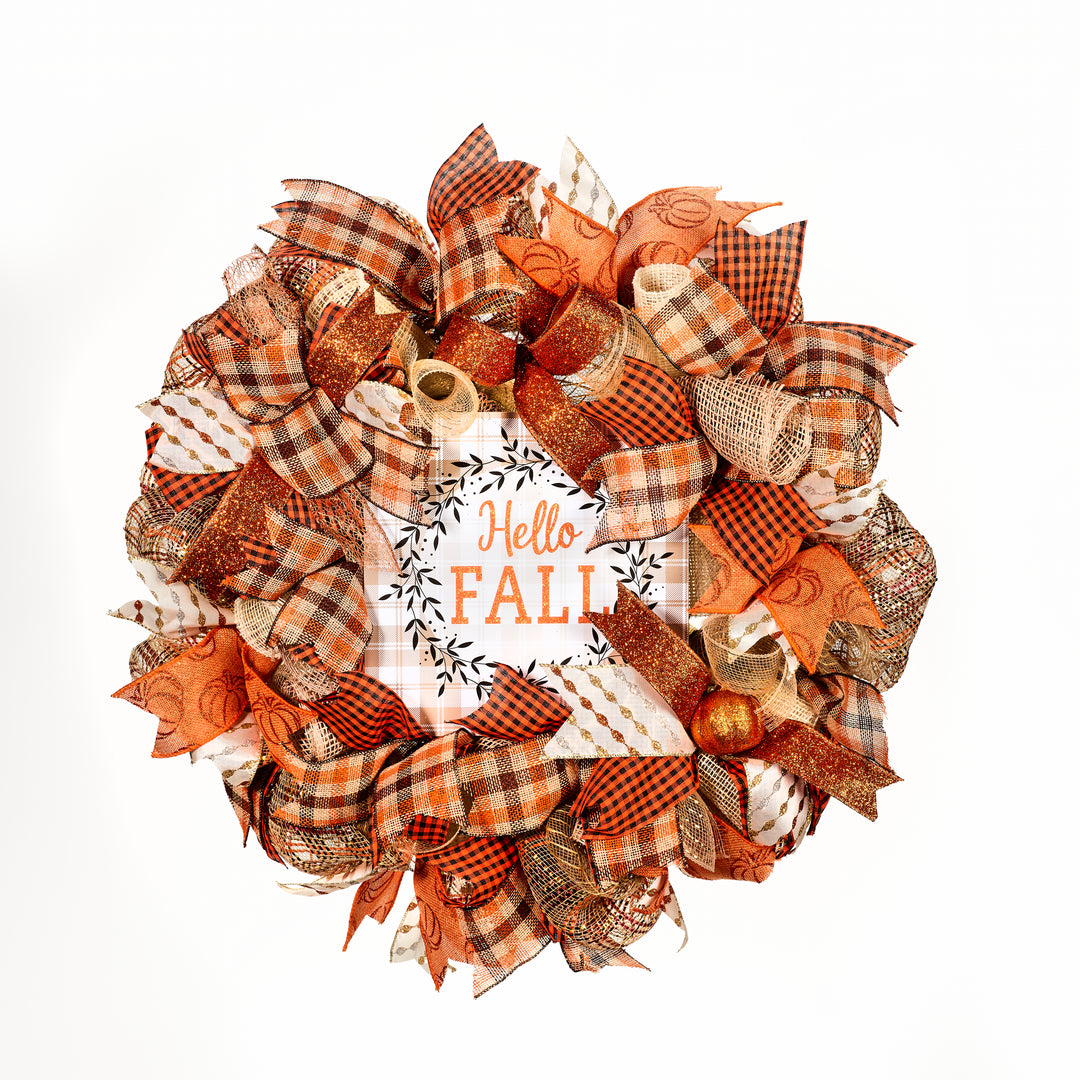 AUCTION Happy Fall Orange Plaid Wreath 24"