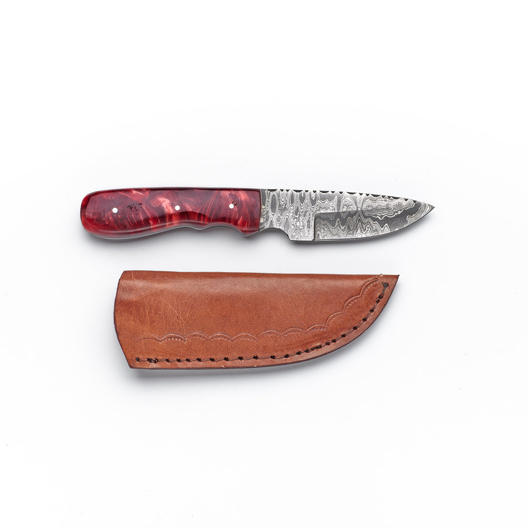 Damascus Knife with Hand-Worked Leather Sheath