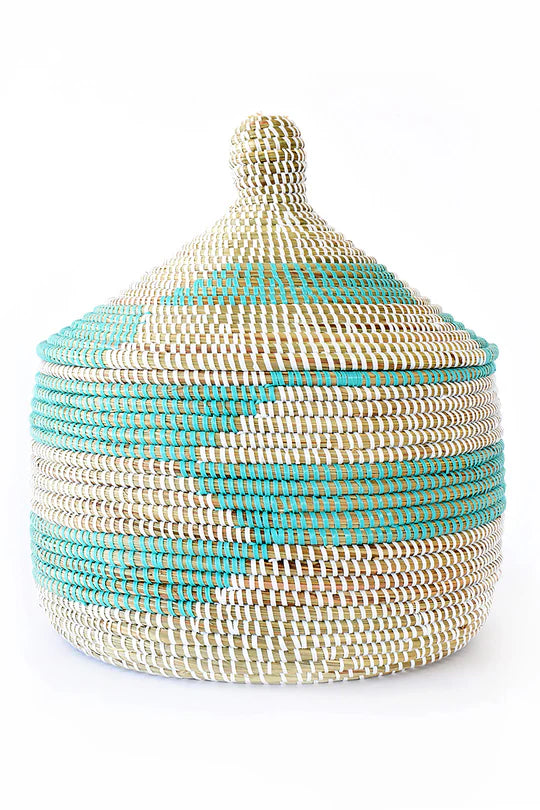 Warming Basket: Aqua & White Herringbone