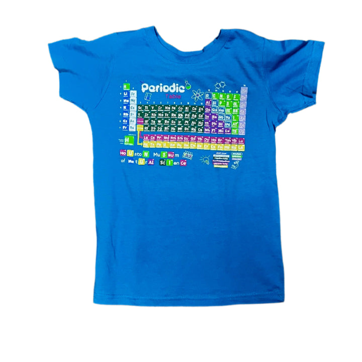 Blue t-shirt with colorful periodic table design on a white background