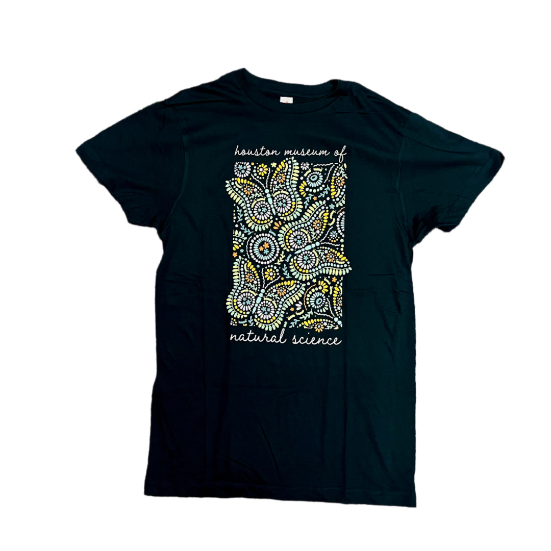 Black t-shirt with a floral design and text