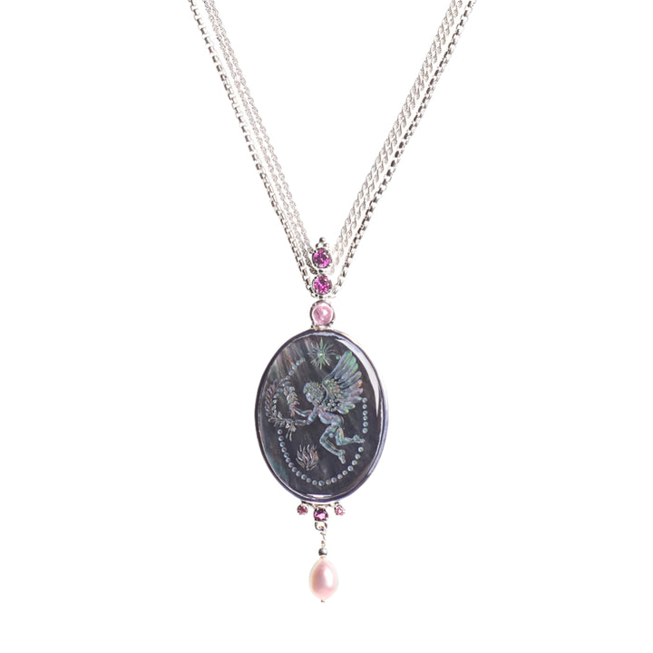 Black Mother of Pearl & Pink Tourmaline Cupid Motif Necklace