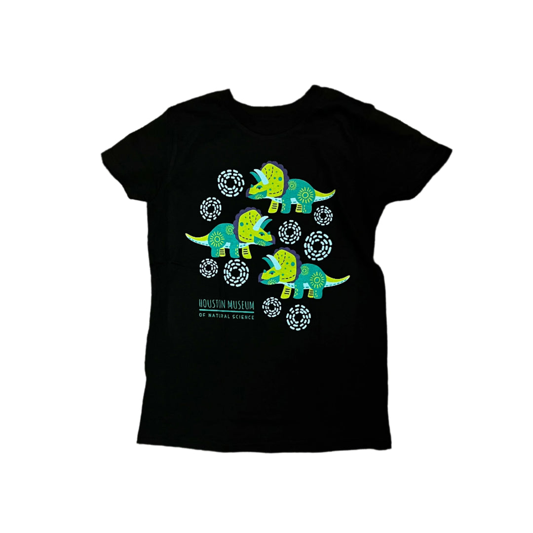 Black t-shirt with green dinosaur design