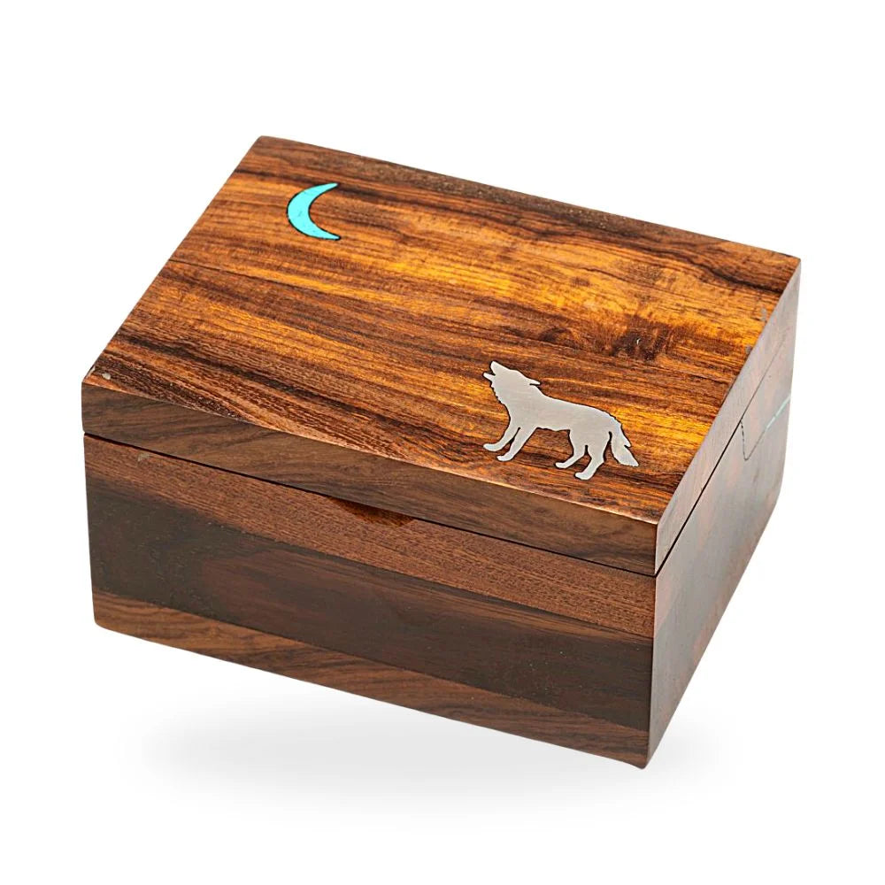 Coyote with Turquoise Crescent Moon Ironwood Box