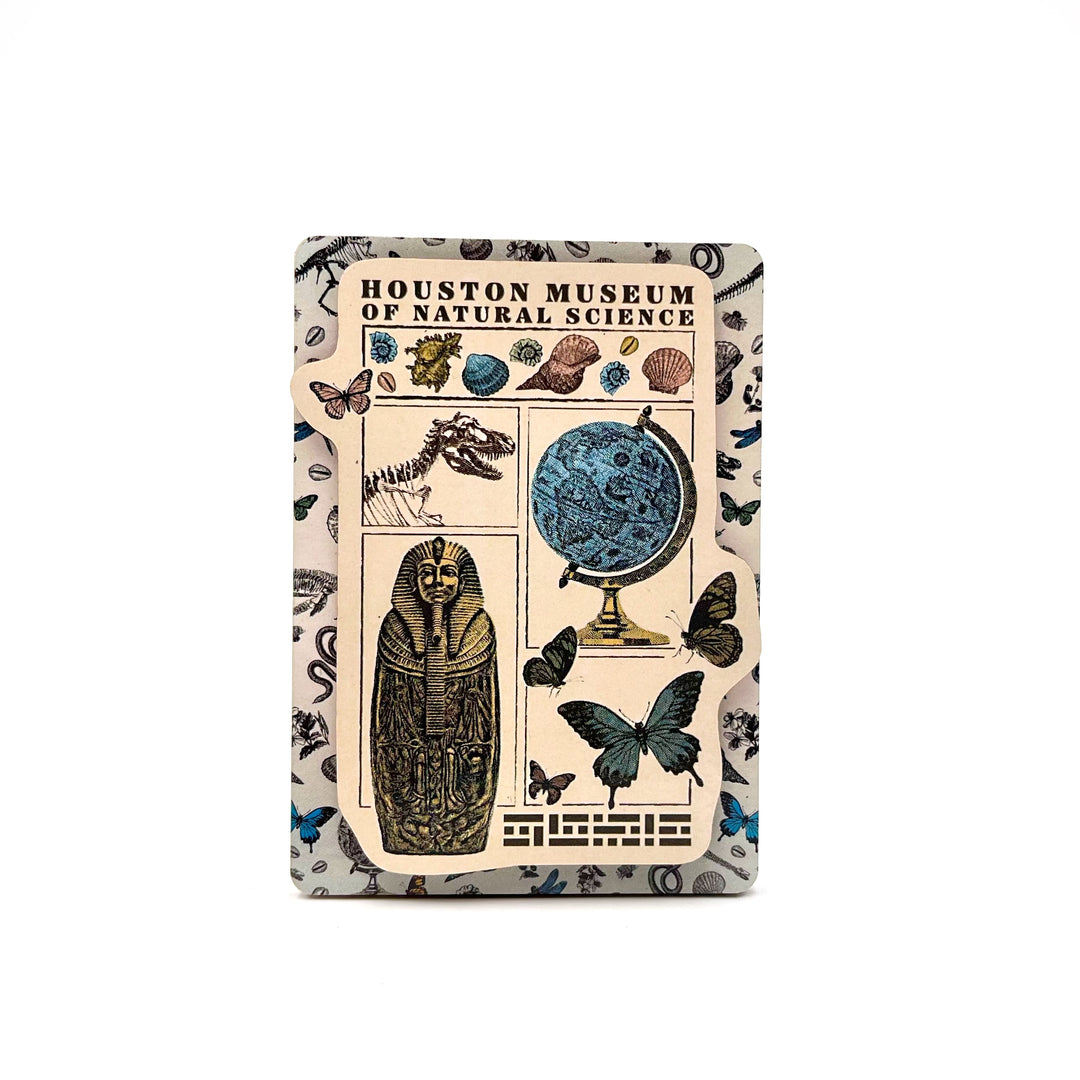 magnet with Houston Museum of Natural Science and naturalist illustration designs on a white background