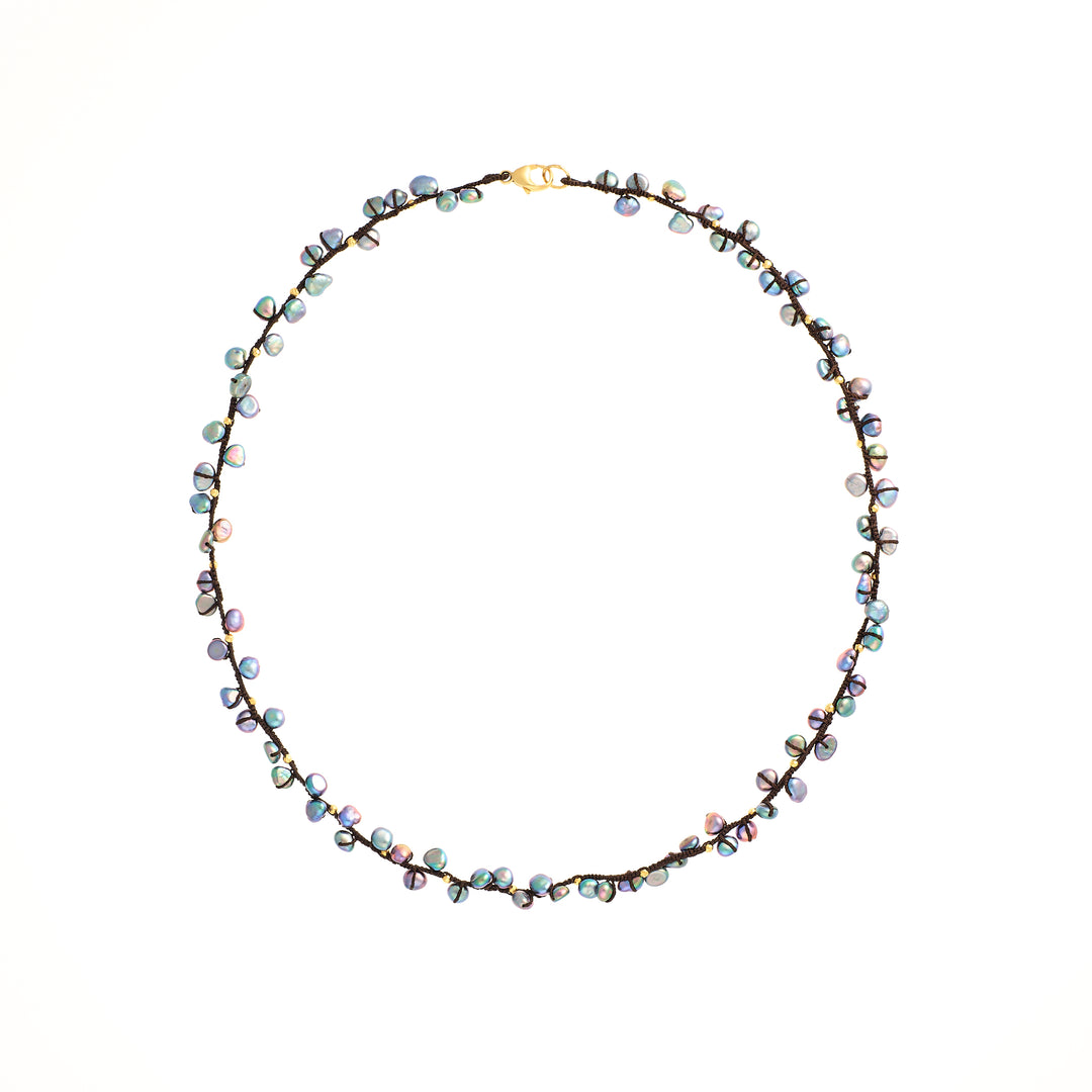 Peacock Pearl with Pyrite Beads Woven Necklace