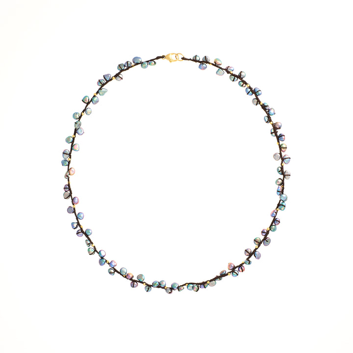 Peacock Pearl with Pyrite Beads Woven Necklace