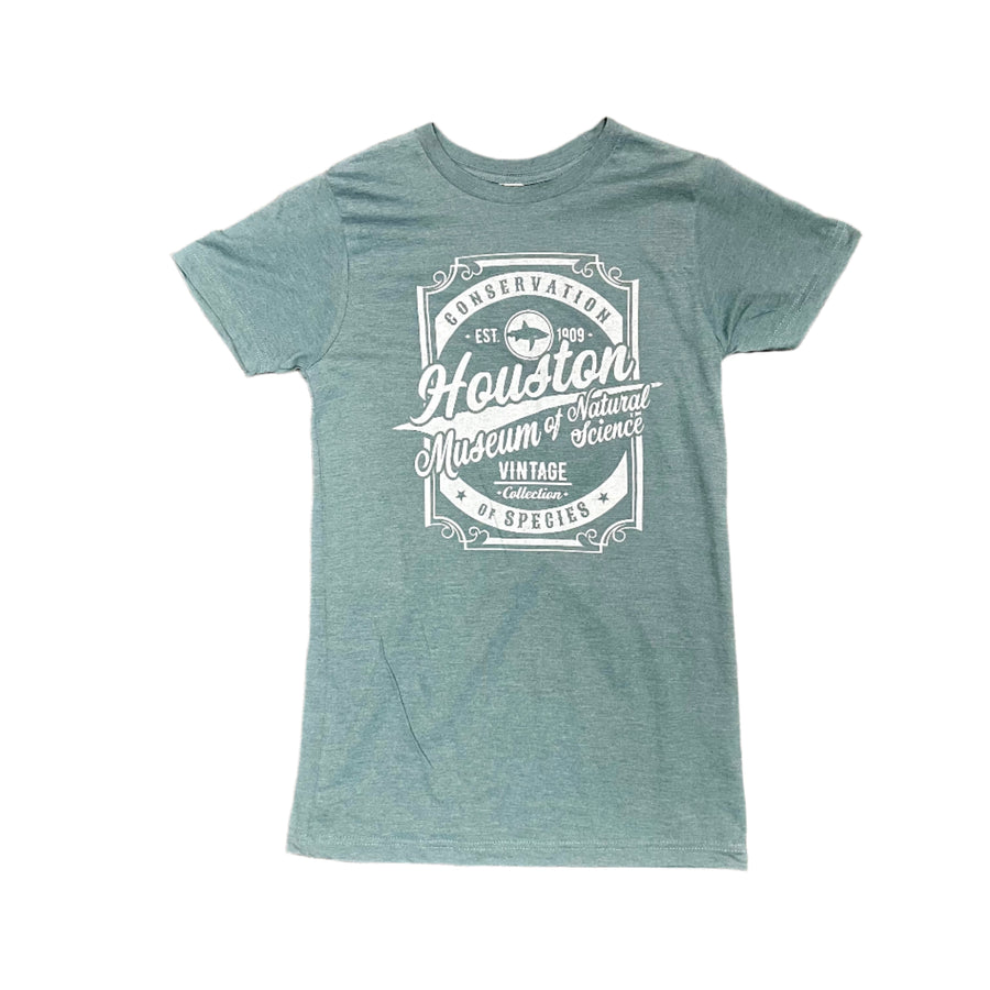 Faded teal t-shirt with white text and vintage design on a white background