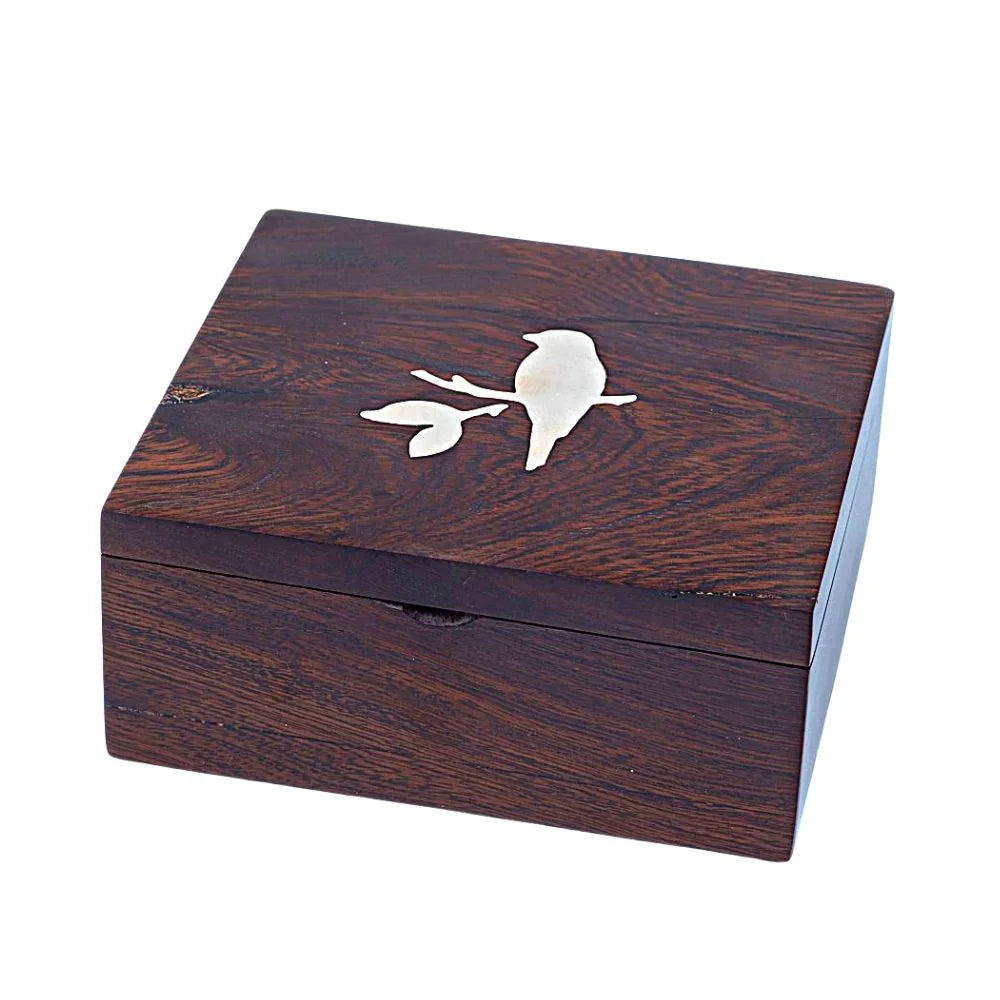Silver Bird on Branch- Ironwood Box