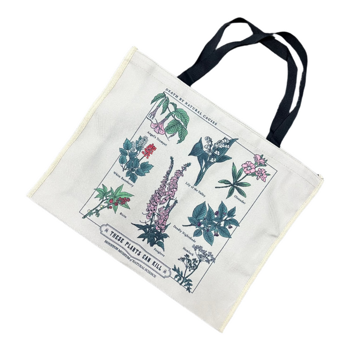 beige canvas tote with black handles, the bag features multiple plants that can kill when ingested.
