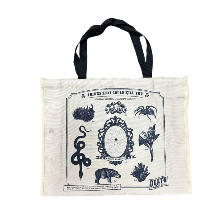 black and white canvas tote, the bag features various animals, plants and minerals that can kill.