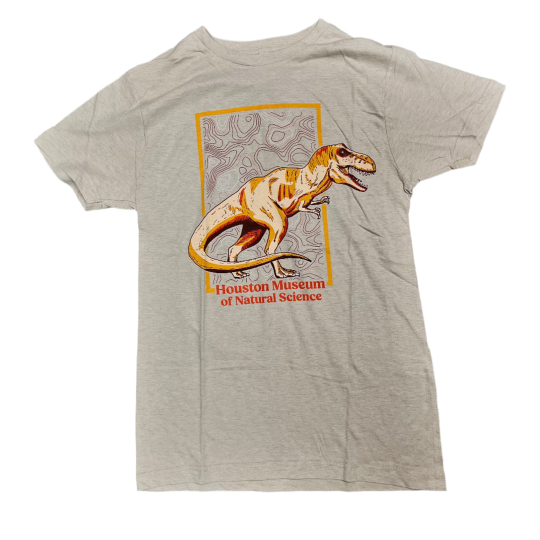 Gray t-shirt with a dinosaur graphic and 'Houston Museum of Natural Science' text