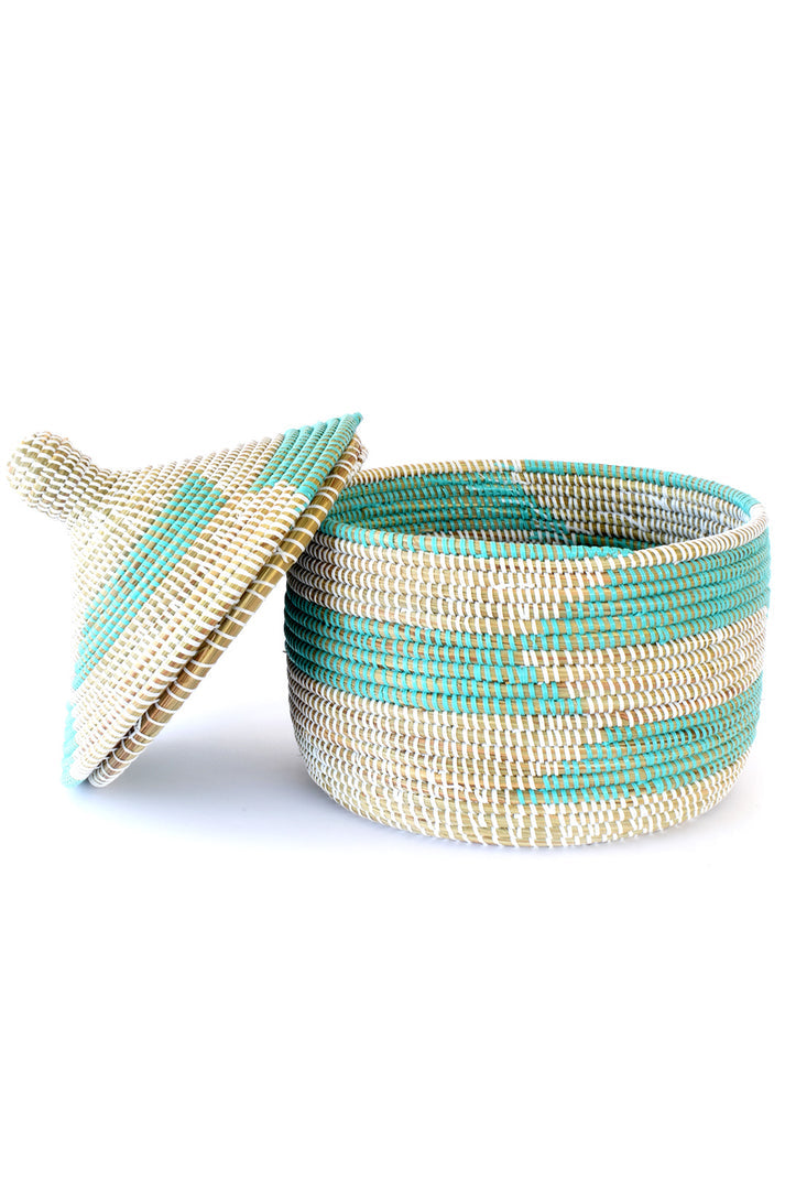 Warming Basket: Aqua & White Herringbone