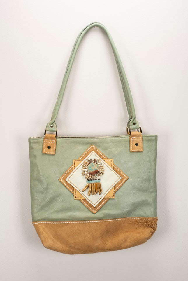 Seafoam Green & Tan Leather Shoulder Bag