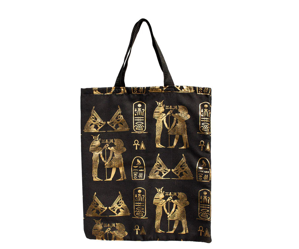 Tote Bag with Pharaonic Designs, Black/Gold