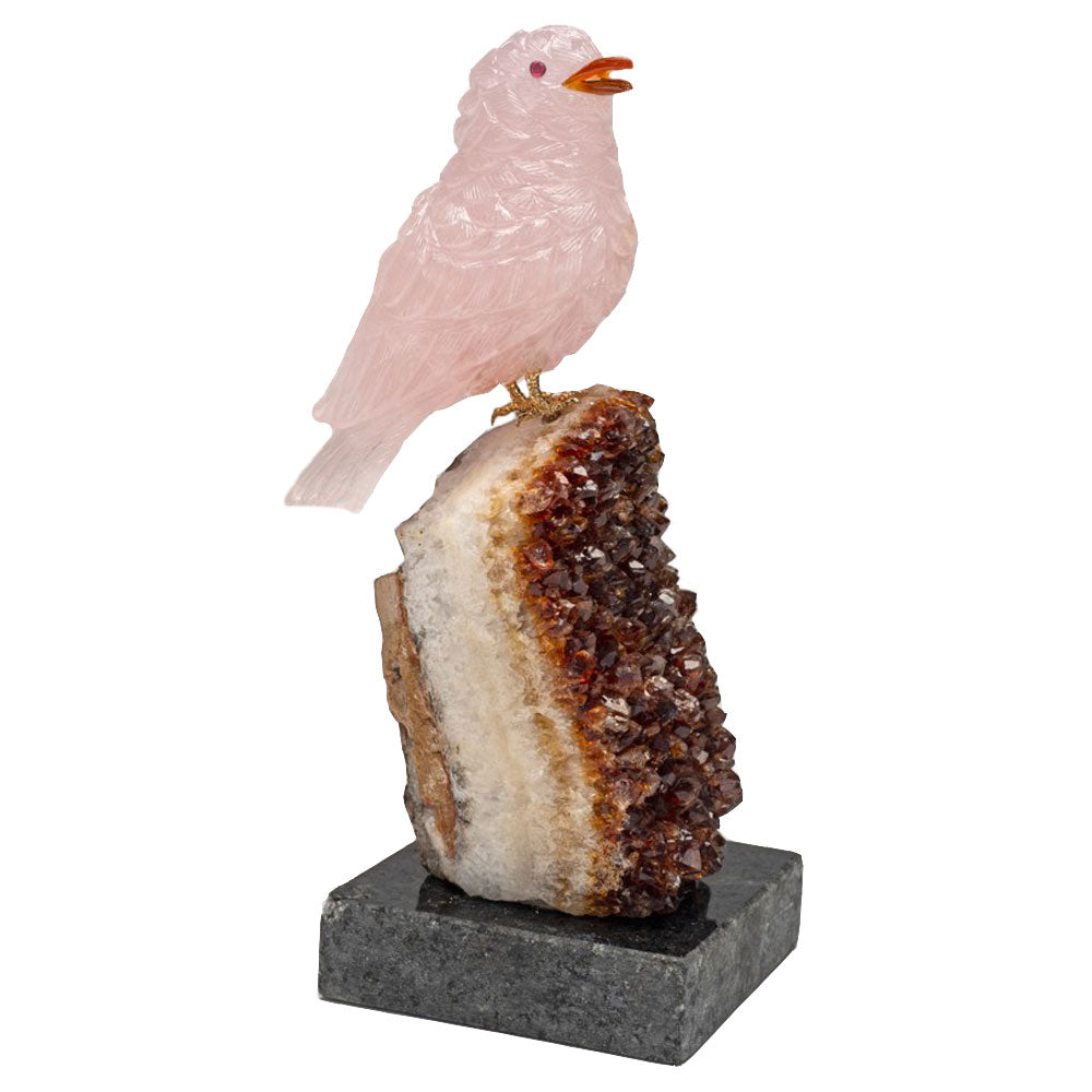 Rose Quartz Bird on Citrine Carving