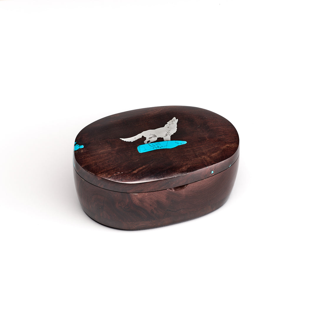 Wolf on Turquoise Oval Ironwood Box