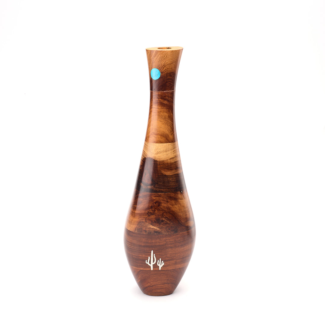 Ironwood Vase with Silver Cactus & Turquoise Moon