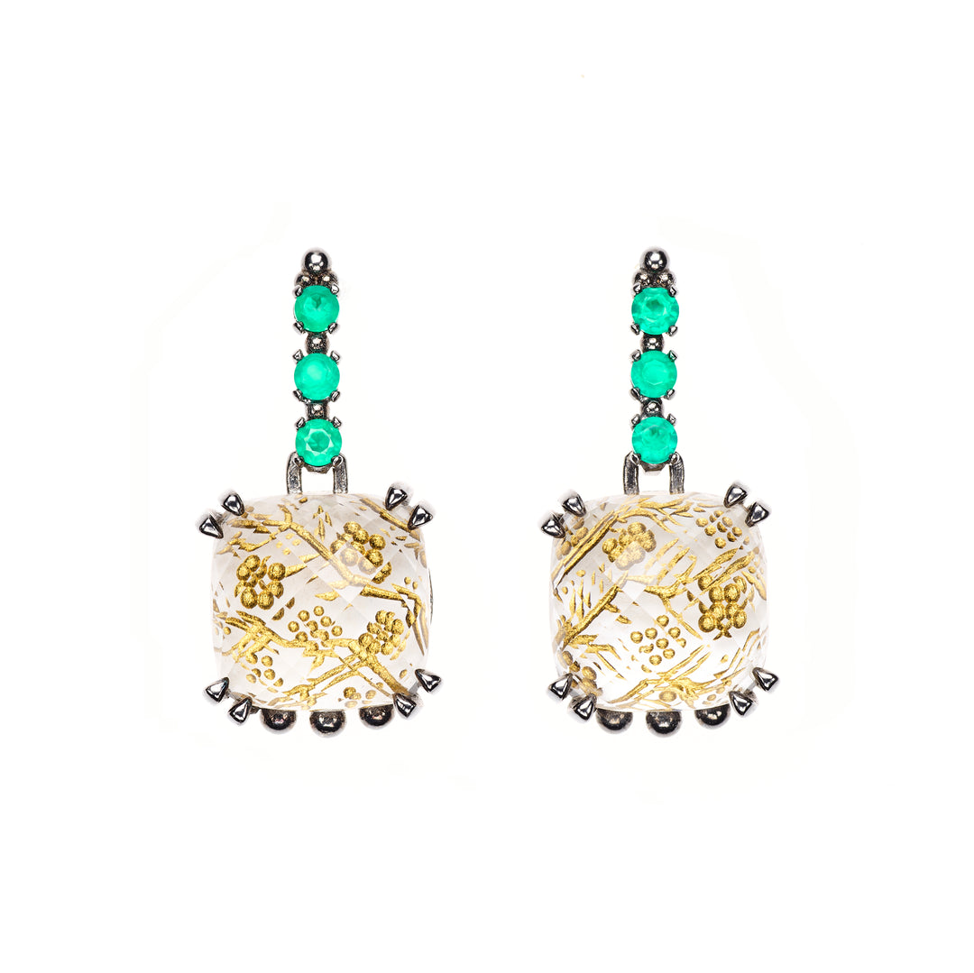Green Agate & Rock Crystal "Cherry Blossoms"Earrings